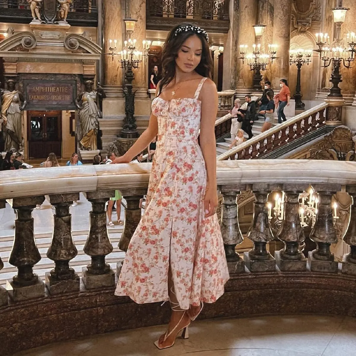 Women Floral Corset Dress Summer Dress 2024 Boho Flowy Slit Lace Up Midi Dresses Going Out A Line Casual Sundress