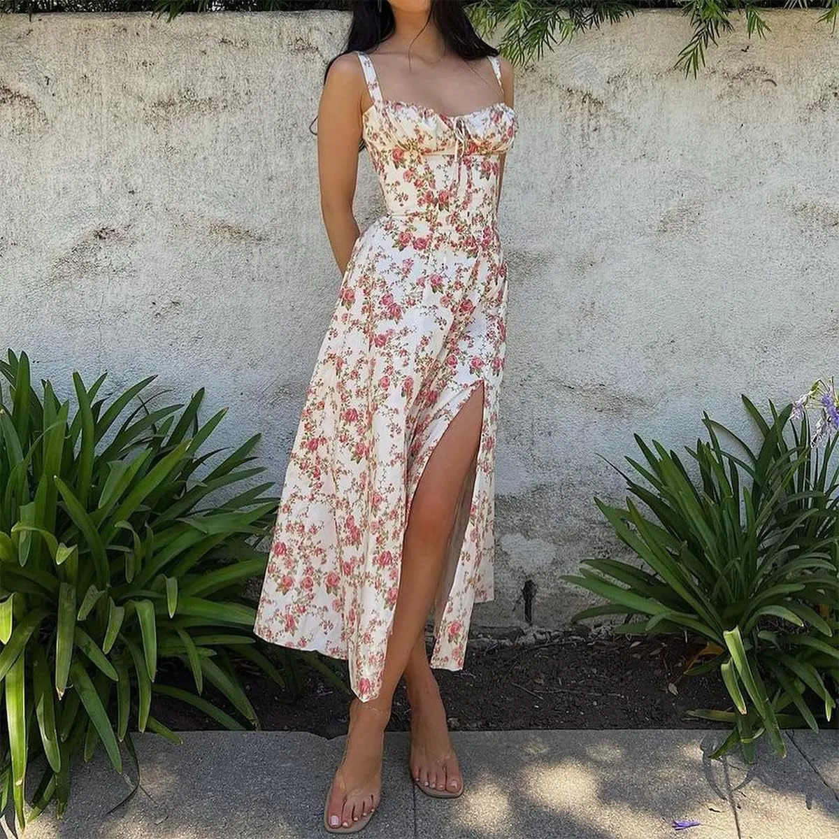 Women Floral Corset Dress Summer Dress 2024 Boho Flowy Slit Lace Up Midi Dresses Going Out A Line Casual Sundress