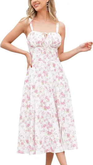 Women Floral Corset Dress Summer Dress 2024 Boho Flowy Slit Lace Up Midi Dresses Going Out A Line Casual Sundress