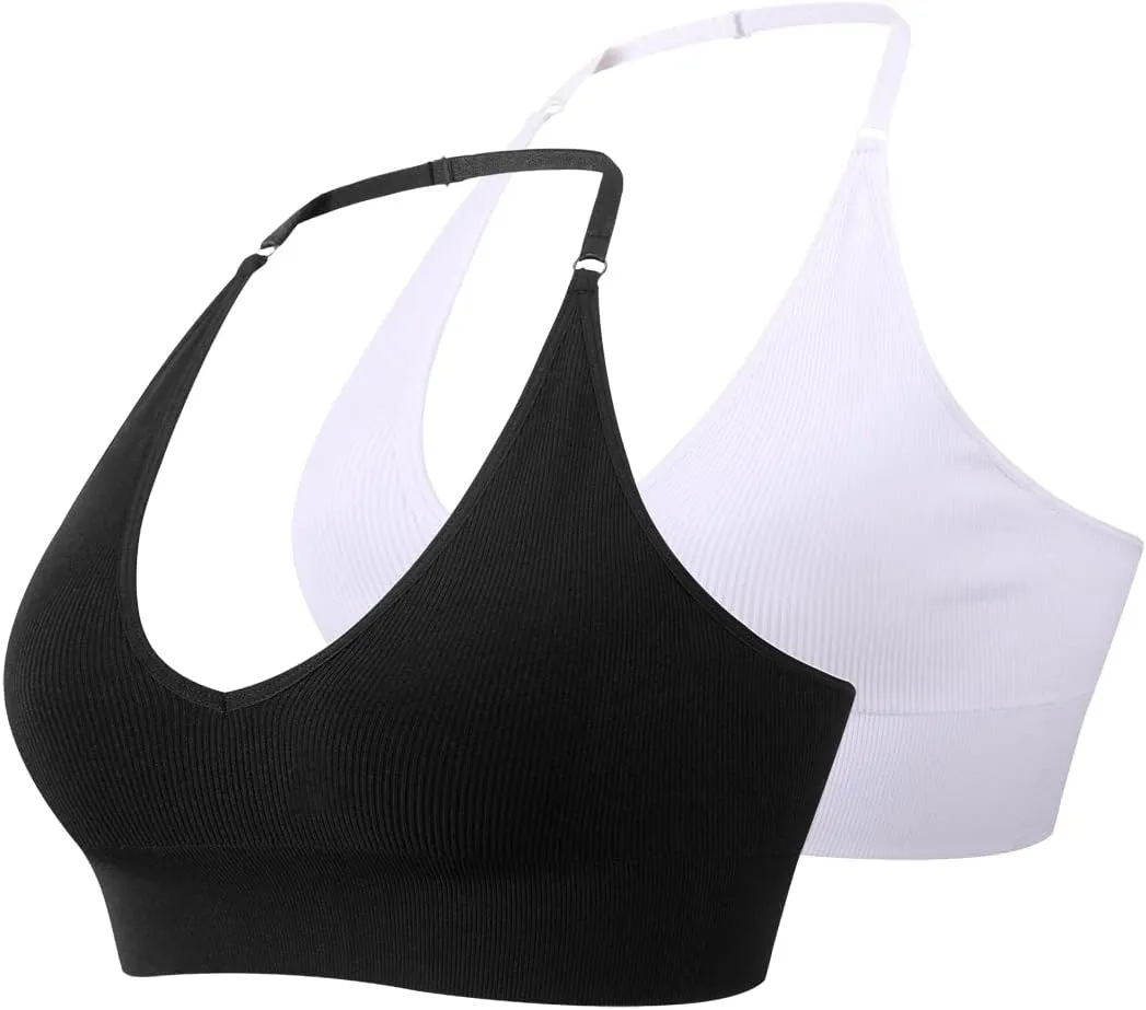 Women Halter Bra Top Yoga Bralette Crop Tanks Workout Sports Bras V Neck with Adjustable Strap Seamless Padded