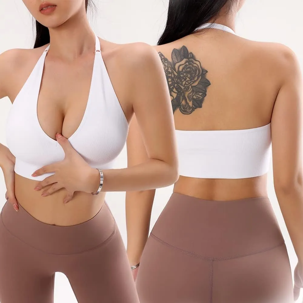 Women Halter Bra Top Yoga Bralette Crop Tanks Workout Sports Bras V Neck with Adjustable Strap Seamless Padded