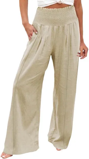 Women Linen Palazzo Pants Summer Wide Leg High Waisted Casual Cotton Long Lounge Yoga Beach Pant Trousers with Pocket