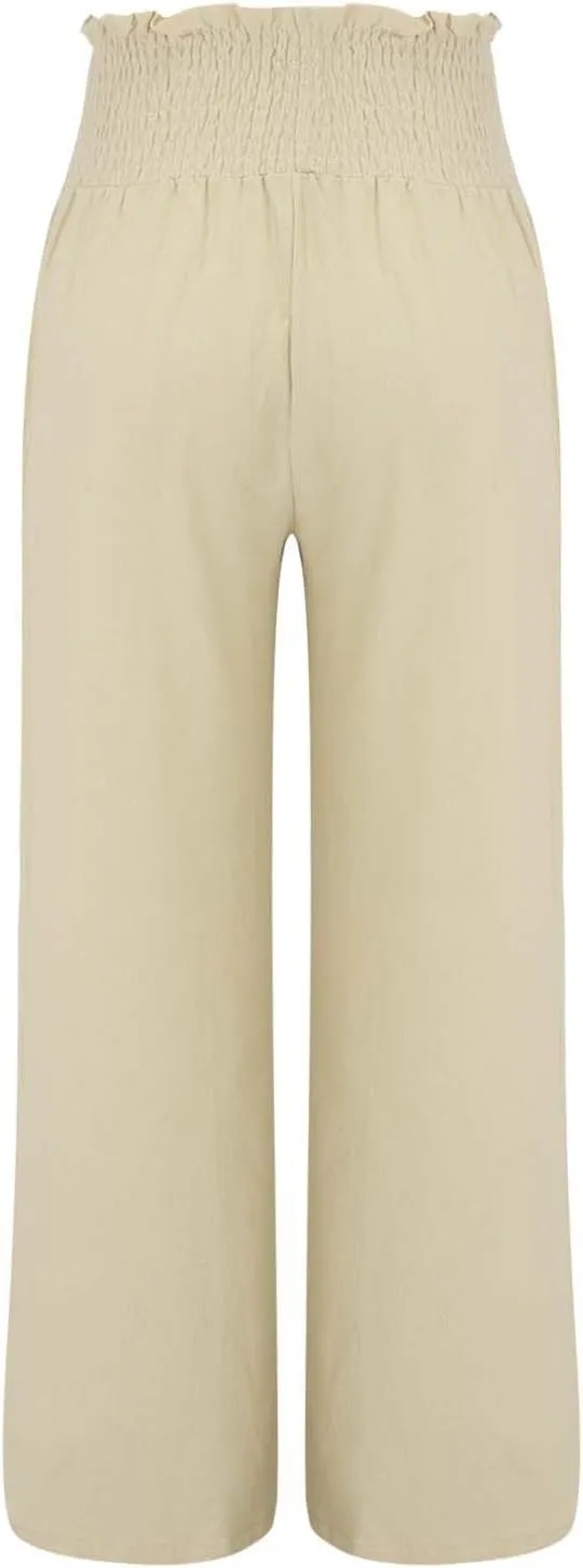 Women Linen Palazzo Pants Summer Wide Leg High Waisted Casual Cotton Long Lounge Yoga Beach Pant Trousers with Pocket