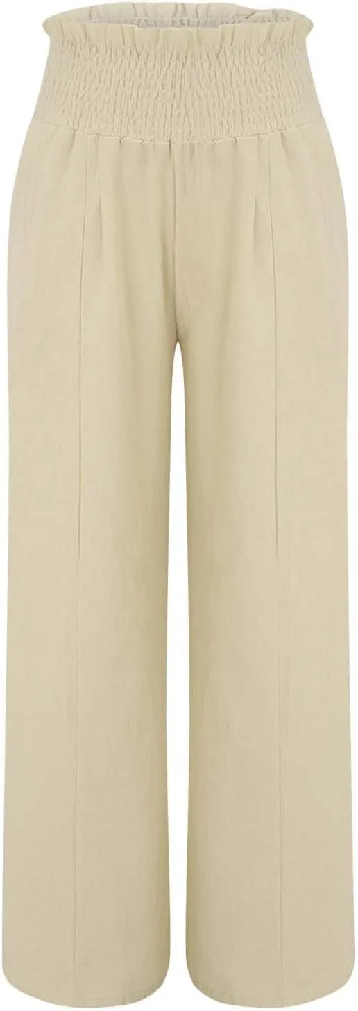 Women Linen Palazzo Pants Summer Wide Leg High Waisted Casual Cotton Long Lounge Yoga Beach Pant Trousers with Pocket