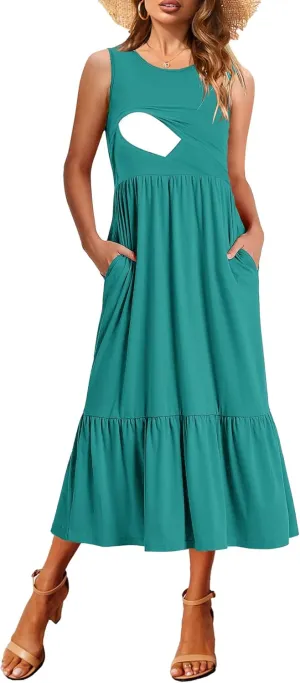 Women Nursing Dress Sleeveless Crew Neck Maternity Flowy Maxi Tiered Cocktail Sundress with Pockets