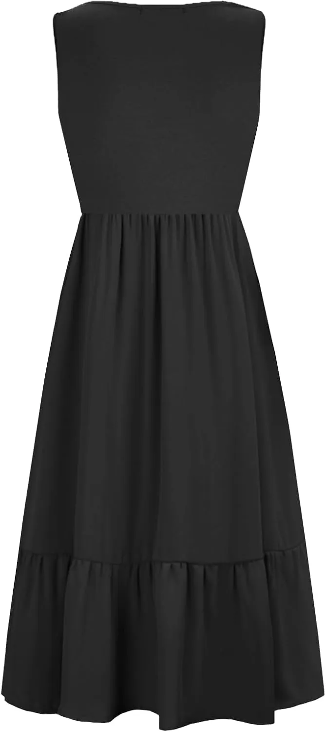 Women Nursing Dress Sleeveless Crew Neck Maternity Flowy Maxi Tiered Cocktail Sundress with Pockets