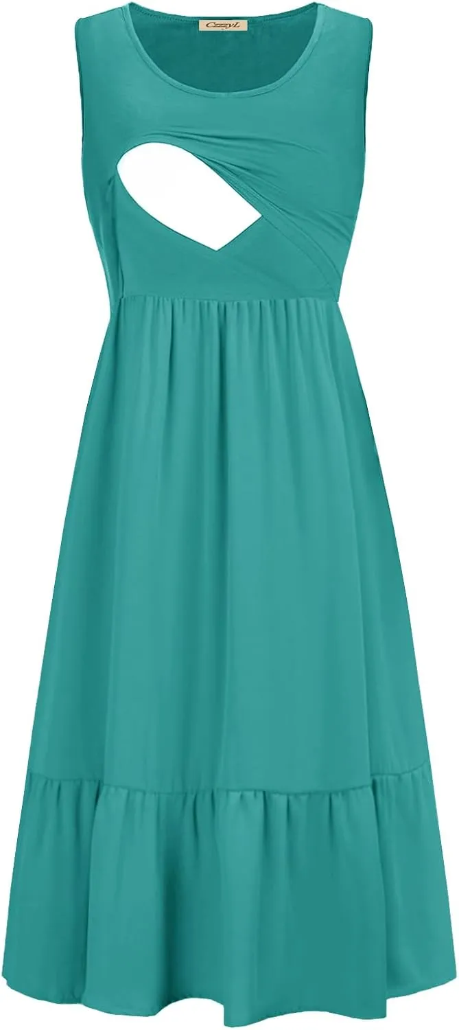 Women Nursing Dress Sleeveless Crew Neck Maternity Flowy Maxi Tiered Cocktail Sundress with Pockets