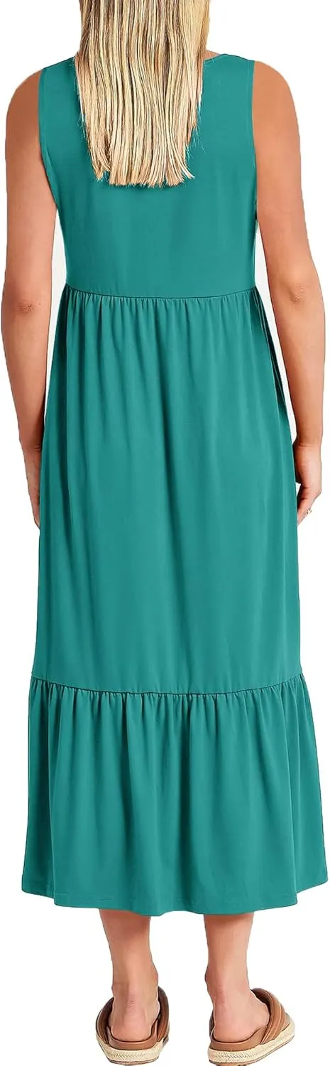 Women Nursing Dress Sleeveless Crew Neck Maternity Flowy Maxi Tiered Cocktail Sundress with Pockets