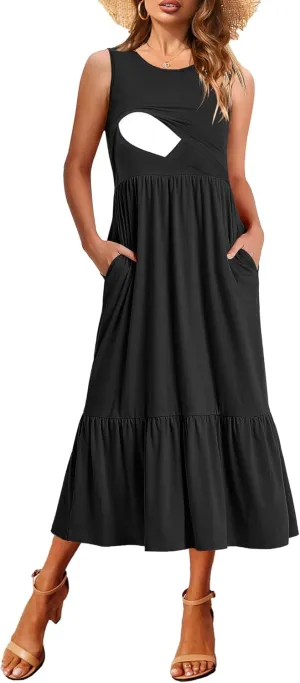 Women Nursing Dress Sleeveless Crew Neck Maternity Flowy Maxi Tiered Cocktail Sundress with Pockets