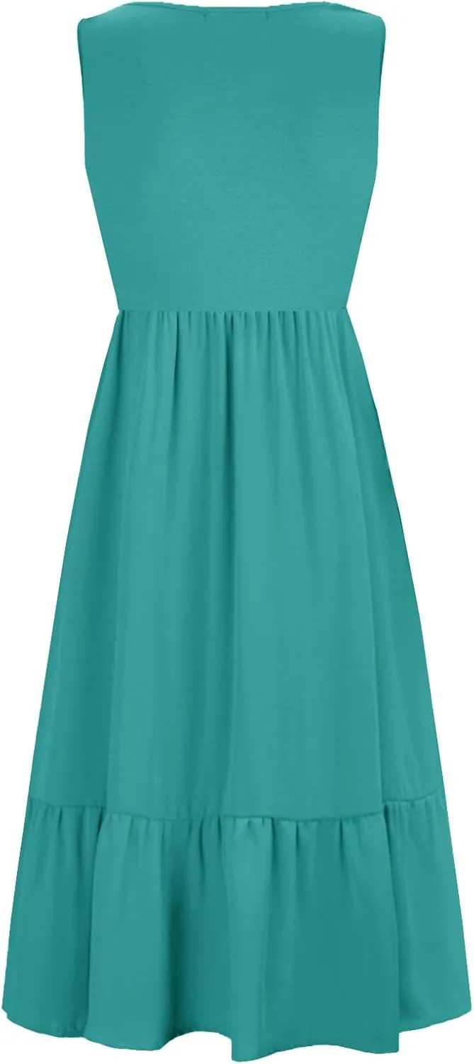 Women Nursing Dress Sleeveless Crew Neck Maternity Flowy Maxi Tiered Cocktail Sundress with Pockets