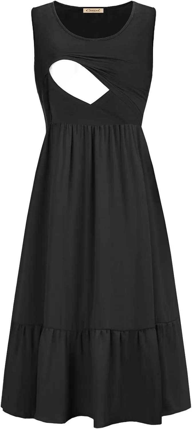 Women Nursing Dress Sleeveless Crew Neck Maternity Flowy Maxi Tiered Cocktail Sundress with Pockets