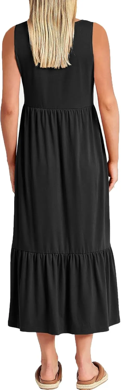 Women Nursing Dress Sleeveless Crew Neck Maternity Flowy Maxi Tiered Cocktail Sundress with Pockets