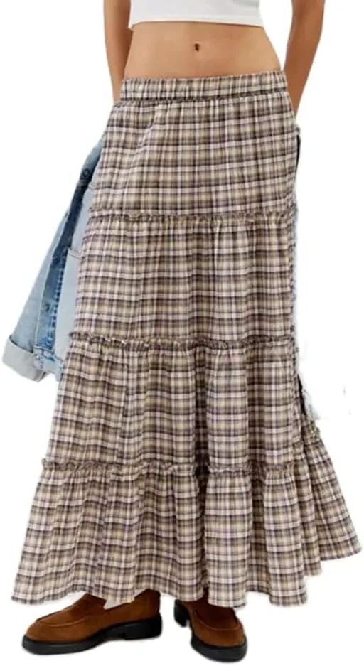 Women Plaid Maxi Skirt Boho Elastic Waist Flowy Long Skirt Pleated Ruffle Hem A Line Skirt Casual Tiered Swing Skirt