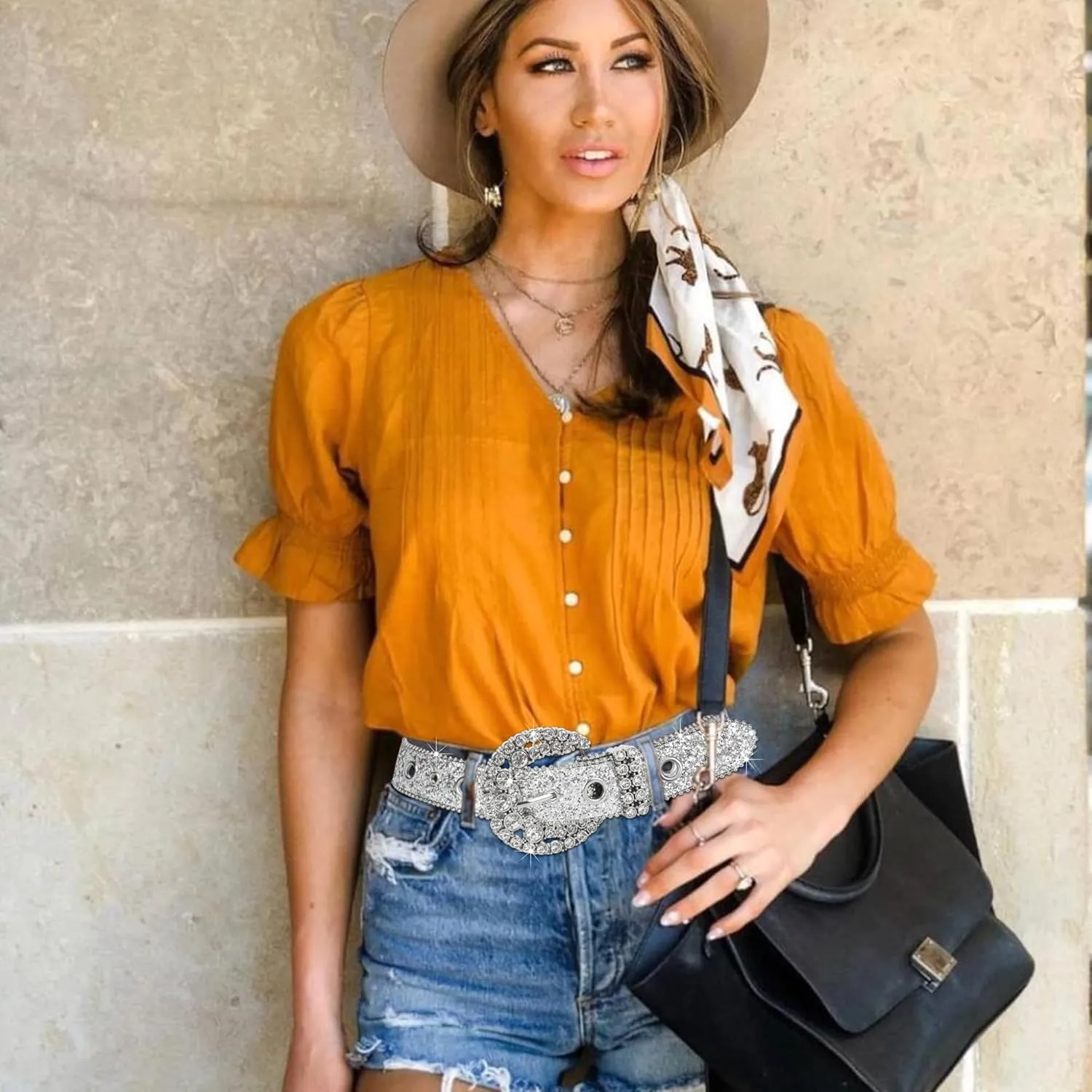 Women Rhinestone-Leather-Belts Western-Cowboy-Cowgirl Belt Bling-Diamond Waist Belt for Jeans Pants