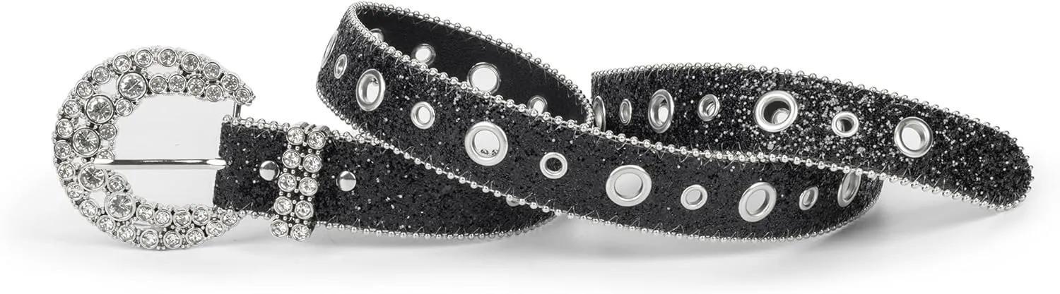 Women Rhinestone-Leather-Belts Western-Cowboy-Cowgirl Belt Bling-Diamond Waist Belt for Jeans Pants