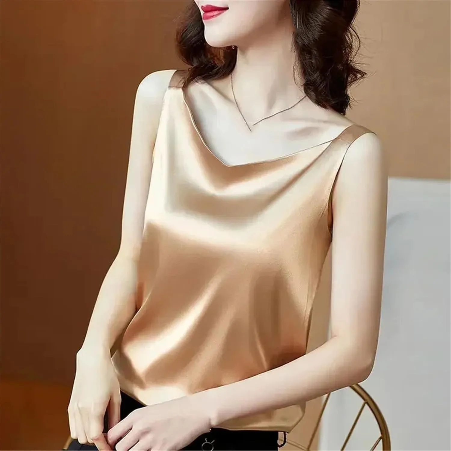 Women Silk Satin Tank Tops V Neck Camisole Blouse Casual Sleeveless Sping Tanks Shirt