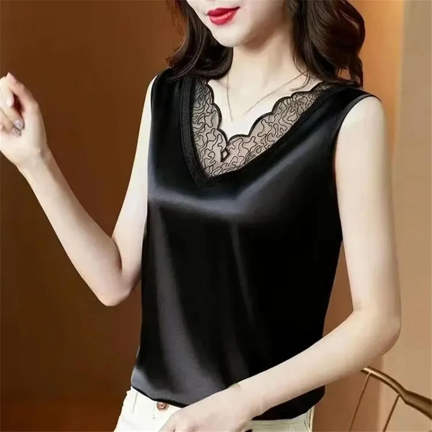 Women Silk Satin Tank Tops V Neck Camisole Blouse Casual Sleeveless Sping Tanks Shirt