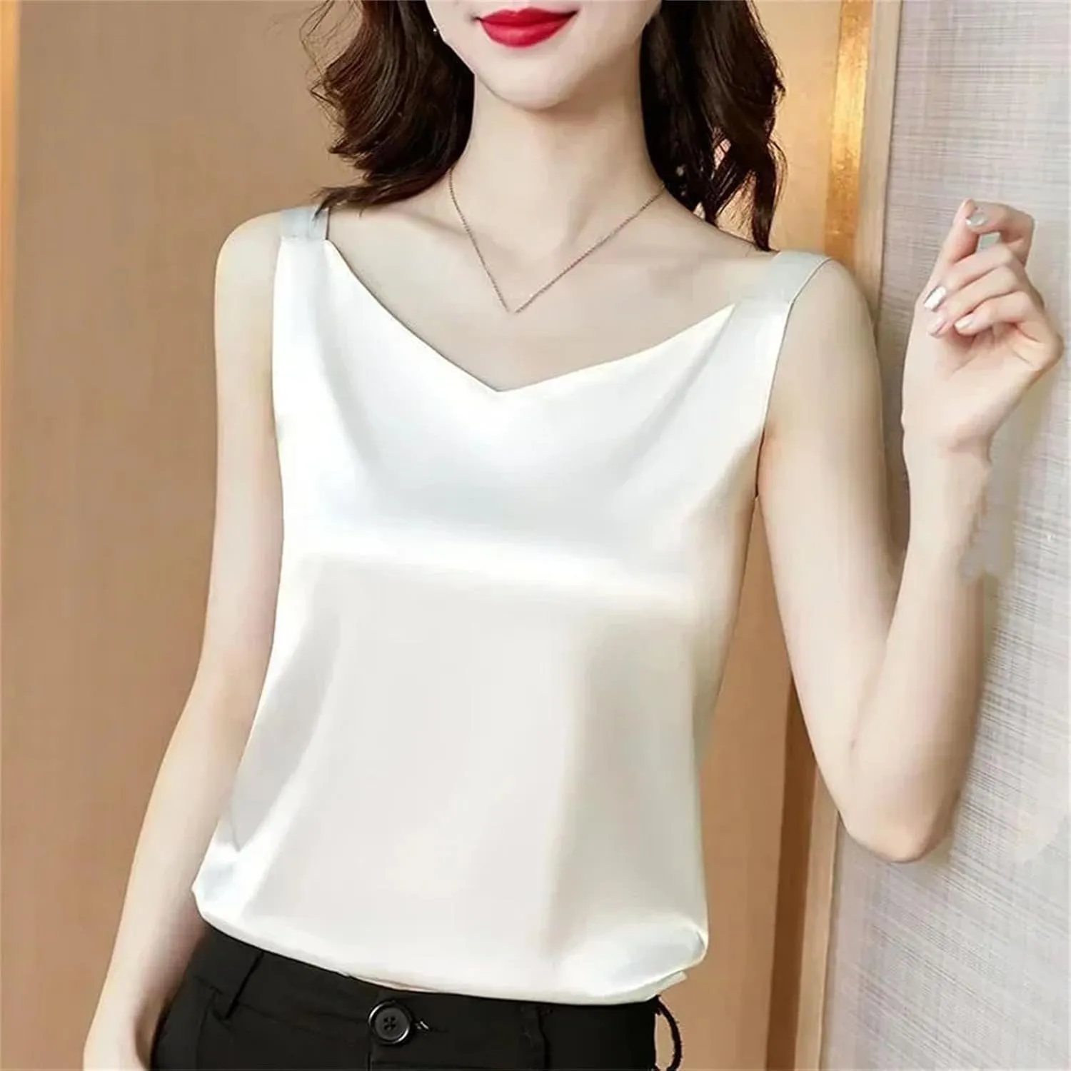 Women Silk Satin Tank Tops V Neck Camisole Blouse Casual Sleeveless Sping Tanks Shirt