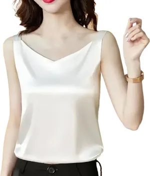 Women Silk Satin Tank Tops V Neck Camisole Blouse Casual Sleeveless Sping Tanks Shirt