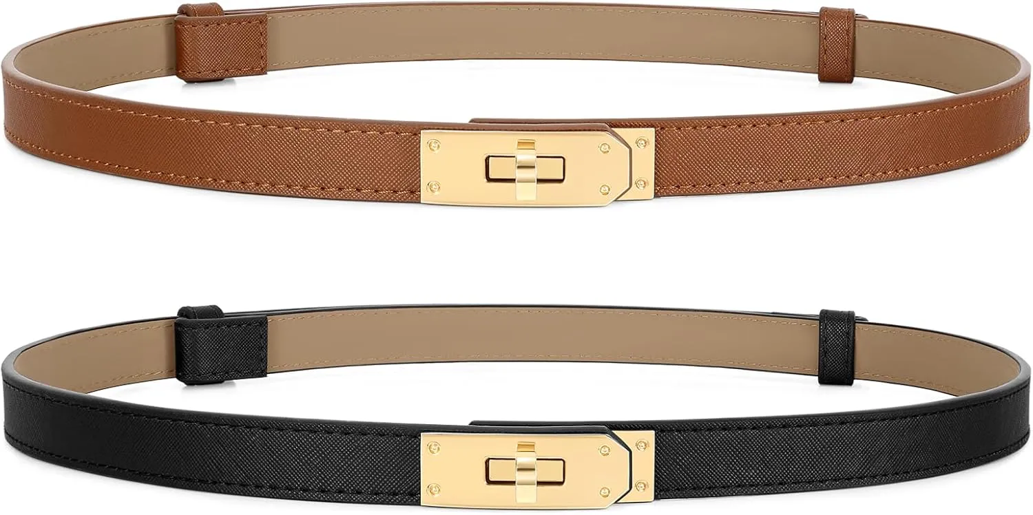 Women Skinny Leather Belt for Dresses Jeans Solid Color Alloy Turn Lock 2 Pack