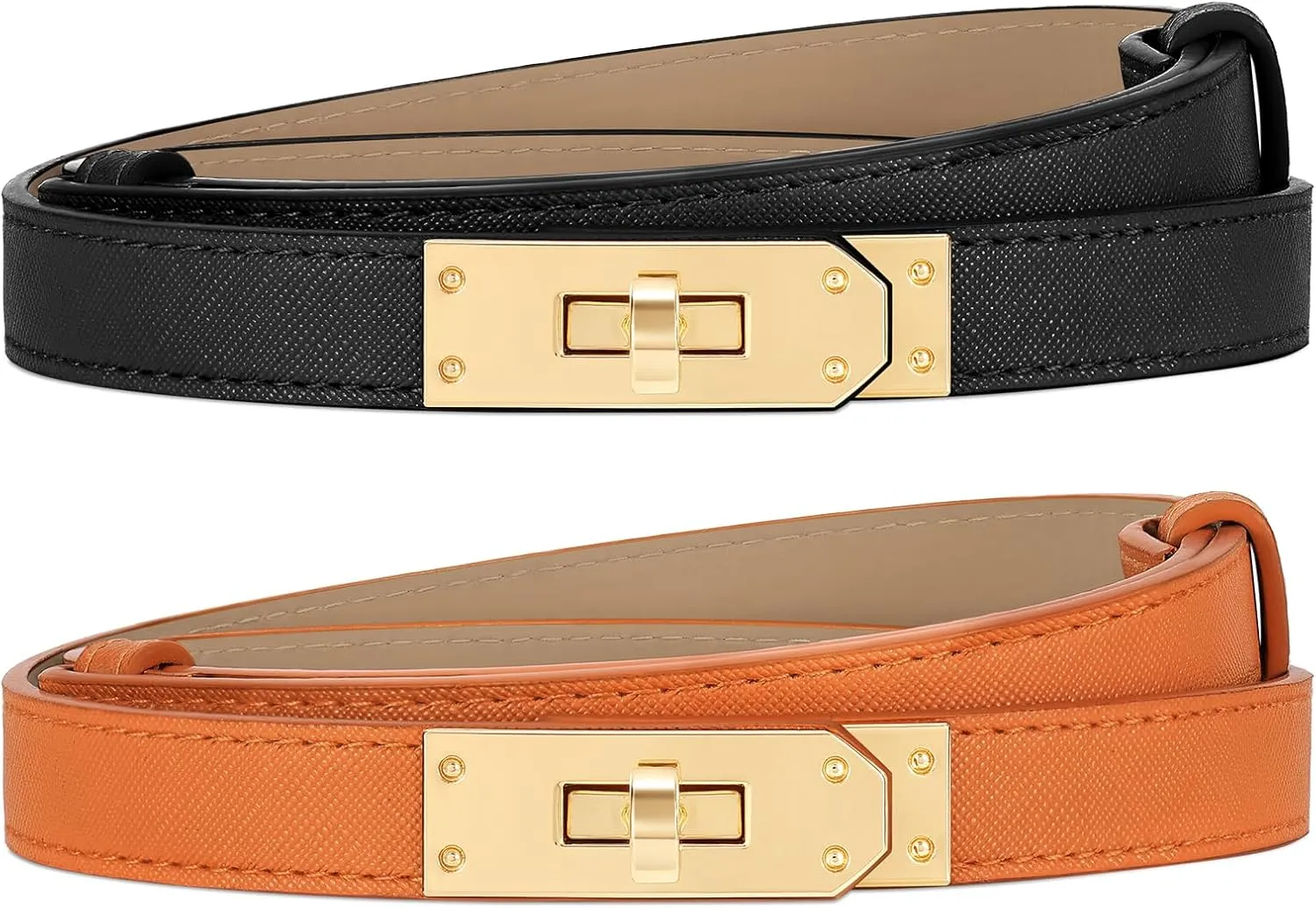 Women Skinny Leather Belt for Dresses Jeans Solid Color Alloy Turn Lock 2 Pack