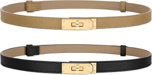 Women Skinny Leather Belt for Dresses Jeans Solid Color Alloy Turn Lock 2 Pack