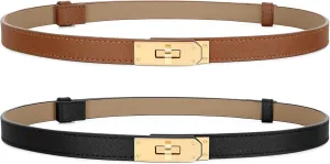 Women Skinny Leather Belt for Dresses Jeans Solid Color Alloy Turn Lock 2 Pack