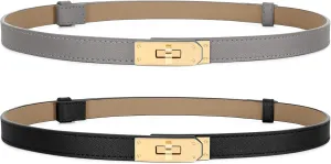 Women Skinny Leather Belt for Dresses Jeans Solid Color Alloy Turn Lock 2 Pack