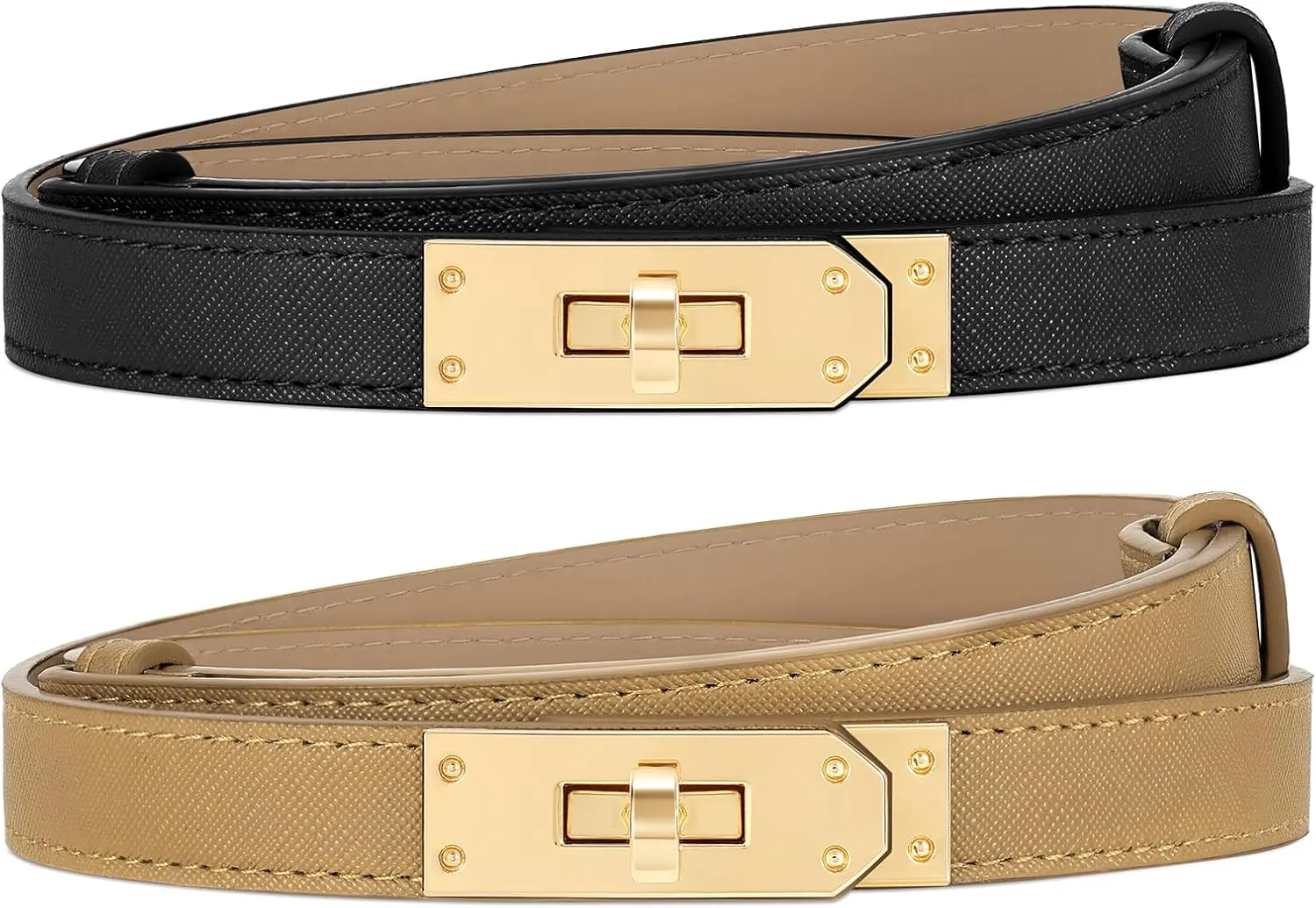 Women Skinny Leather Belt for Dresses Jeans Solid Color Alloy Turn Lock 2 Pack