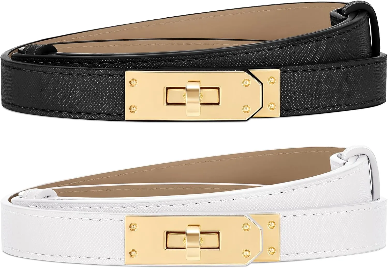 Women Skinny Leather Belt for Dresses Jeans Solid Color Alloy Turn Lock 2 Pack