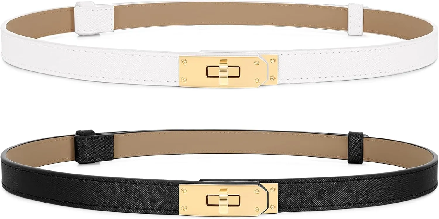 Women Skinny Leather Belt for Dresses Jeans Solid Color Alloy Turn Lock 2 Pack