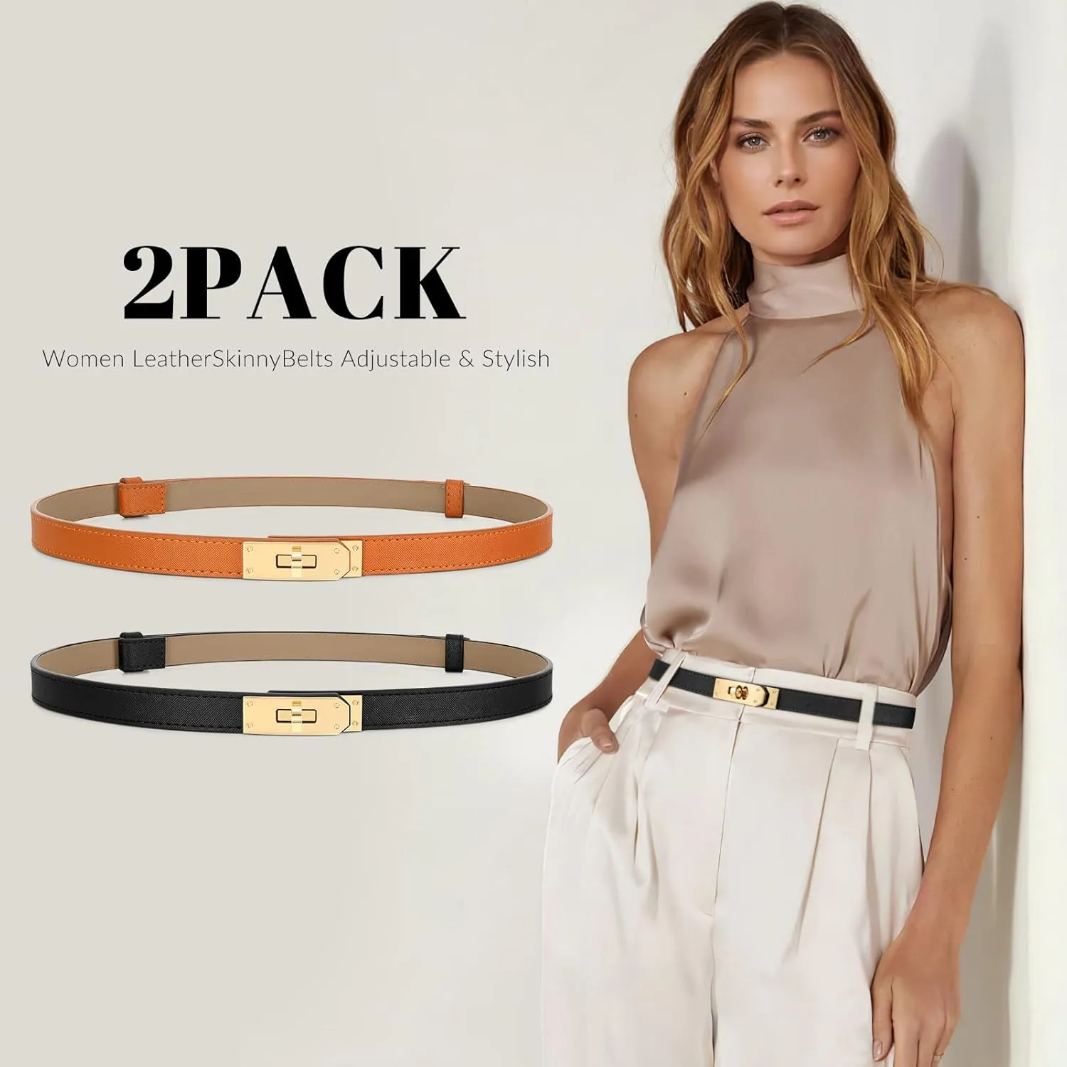 Women Skinny Leather Belt for Dresses Jeans Solid Color Alloy Turn Lock 2 Pack