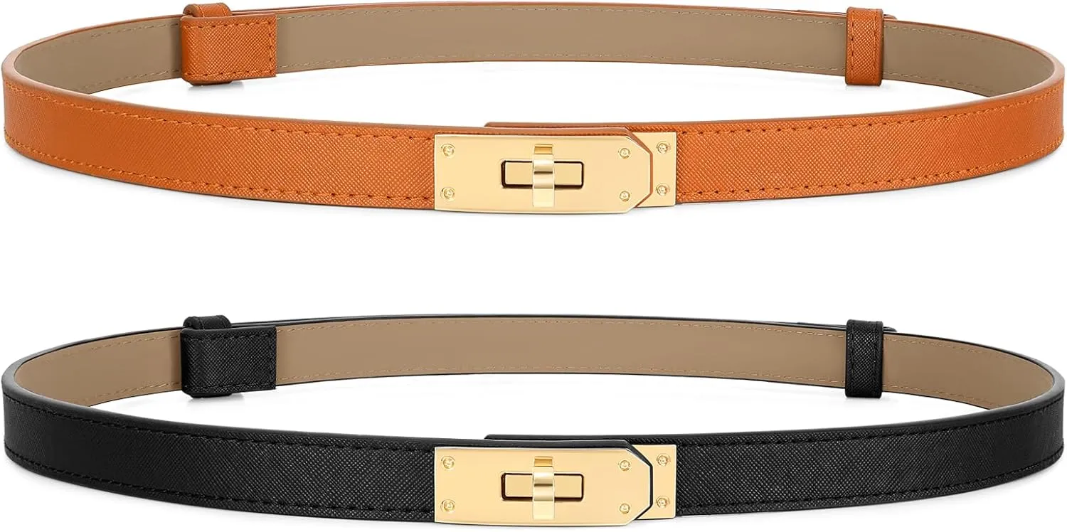 Women Skinny Leather Belt for Dresses Jeans Solid Color Alloy Turn Lock 2 Pack