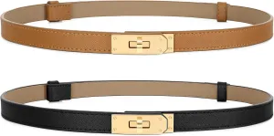 Women Skinny Leather Belt for Dresses Jeans Solid Color Alloy Turn Lock 2 Pack