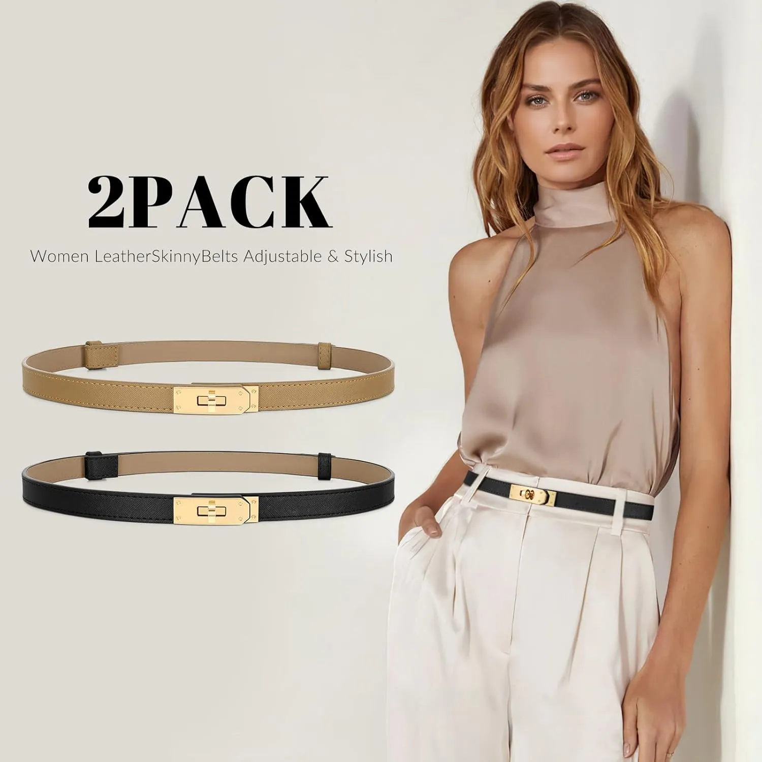 Women Skinny Leather Belt for Dresses Jeans Solid Color Alloy Turn Lock 2 Pack