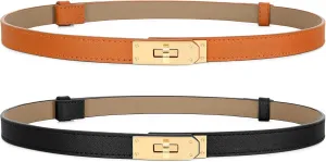 Women Skinny Leather Belt for Dresses Jeans Solid Color Alloy Turn Lock 2 Pack