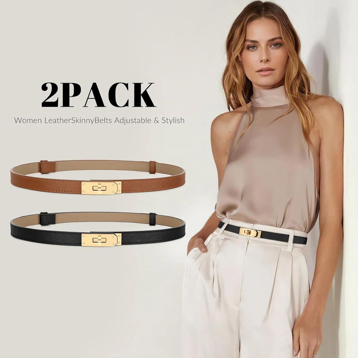 Women Skinny Leather Belt for Dresses Jeans Solid Color Alloy Turn Lock 2 Pack