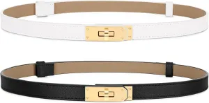 Women Skinny Leather Belt for Dresses Jeans Solid Color Alloy Turn Lock 2 Pack
