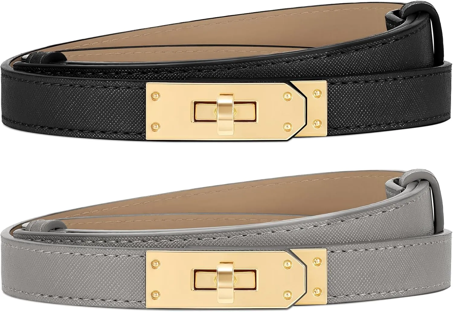 Women Skinny Leather Belt for Dresses Jeans Solid Color Alloy Turn Lock 2 Pack