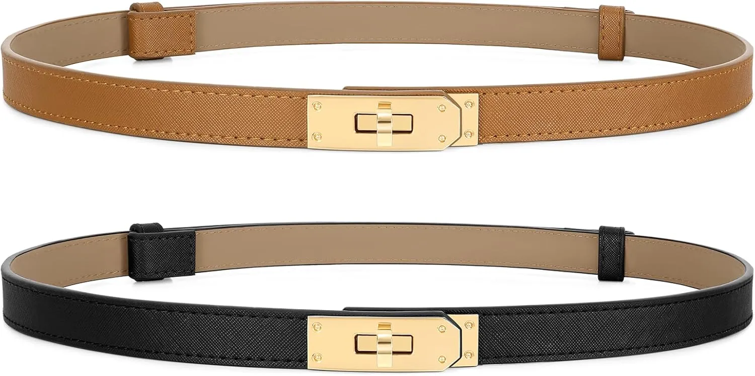 Women Skinny Leather Belt for Dresses Jeans Solid Color Alloy Turn Lock 2 Pack