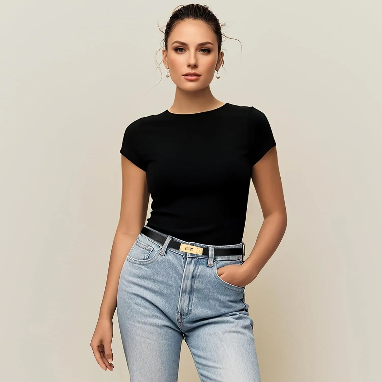 Women Skinny Leather Belt for Dresses Jeans Solid Color Alloy Turn Lock 2 Pack