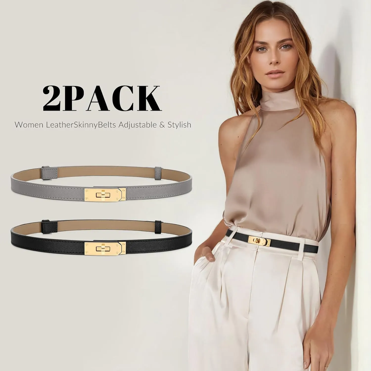 Women Skinny Leather Belt for Dresses Jeans Solid Color Alloy Turn Lock 2 Pack