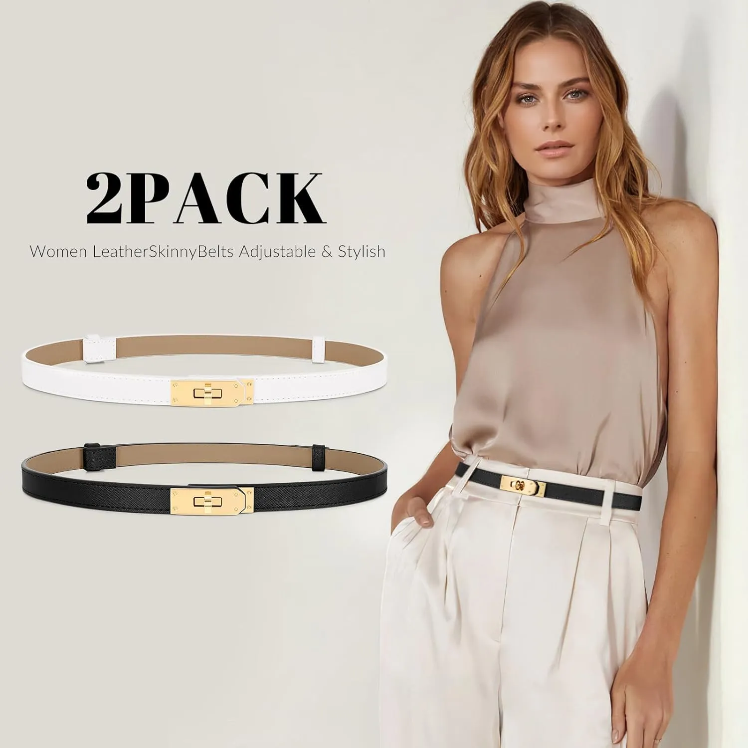 Women Skinny Leather Belt for Dresses Jeans Solid Color Alloy Turn Lock 2 Pack