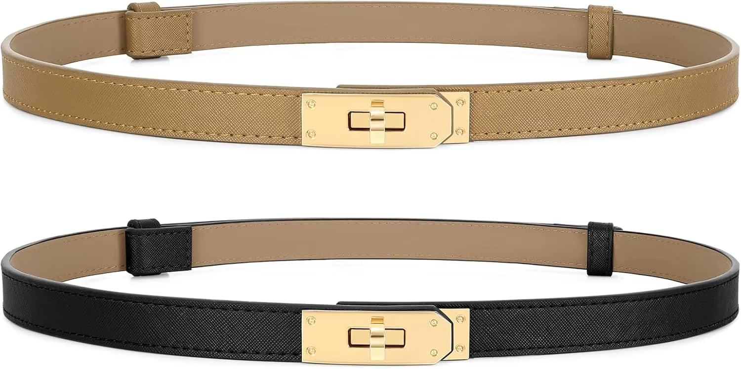 Women Skinny Leather Belt for Dresses Jeans Solid Color Alloy Turn Lock 2 Pack