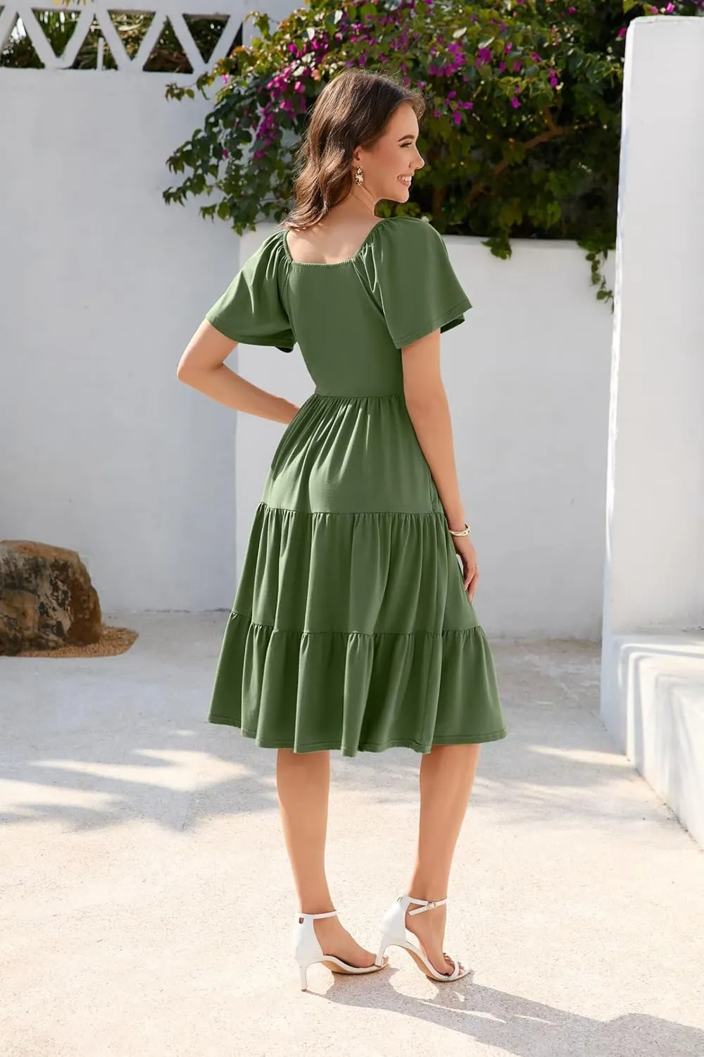 Women Spring Summer Dress 2025 Short Sleeve V Neck Midi Dresses Breathable Cotton Casual Boho Beach Vacation Sundress