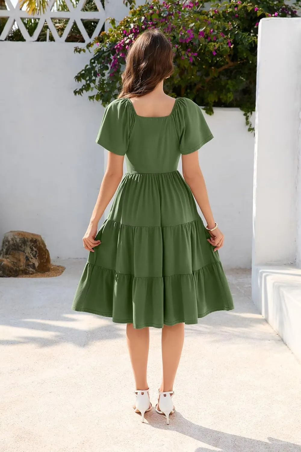 Women Spring Summer Dress 2025 Short Sleeve V Neck Midi Dresses Breathable Cotton Casual Boho Beach Vacation Sundress