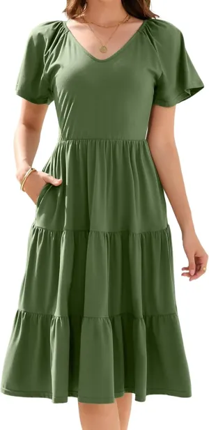 Women Spring Summer Dress 2025 Short Sleeve V Neck Midi Dresses Breathable Cotton Casual Boho Beach Vacation Sundress