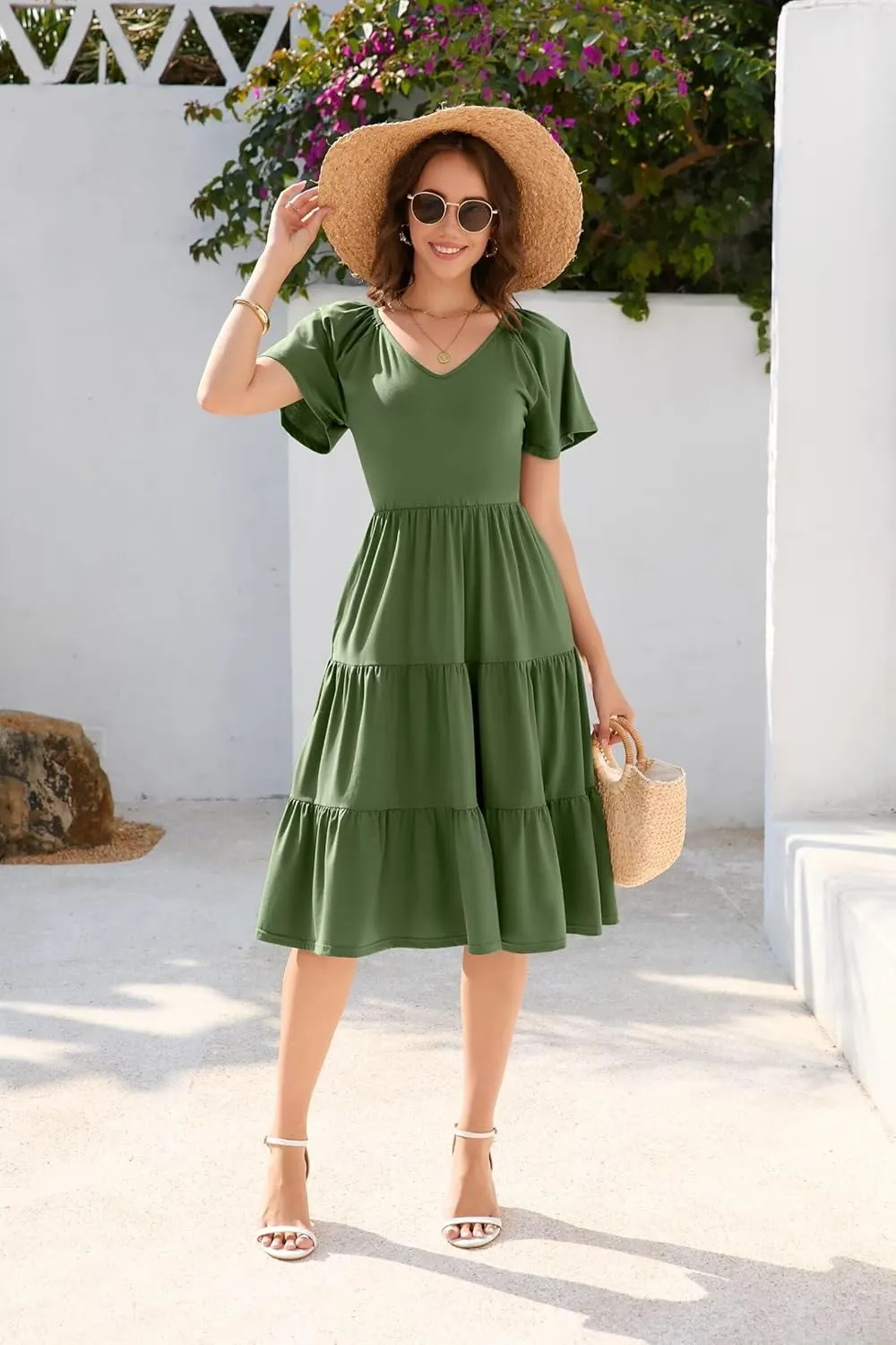 Women Spring Summer Dress 2025 Short Sleeve V Neck Midi Dresses Breathable Cotton Casual Boho Beach Vacation Sundress