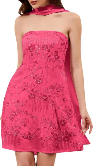 Women Strapless Sequin Mini Dress with Scarf Summer Formal Homecoming Cocktail Tube Floral Short Dress