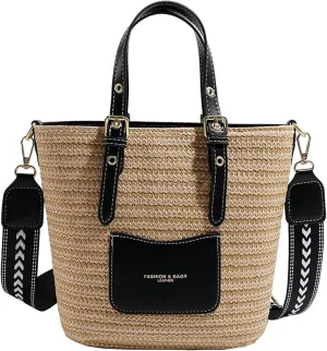 Women Straw Bag Knit Woven Wide Shoulder Strap Vacation Shoulder Handbag Handle Bag